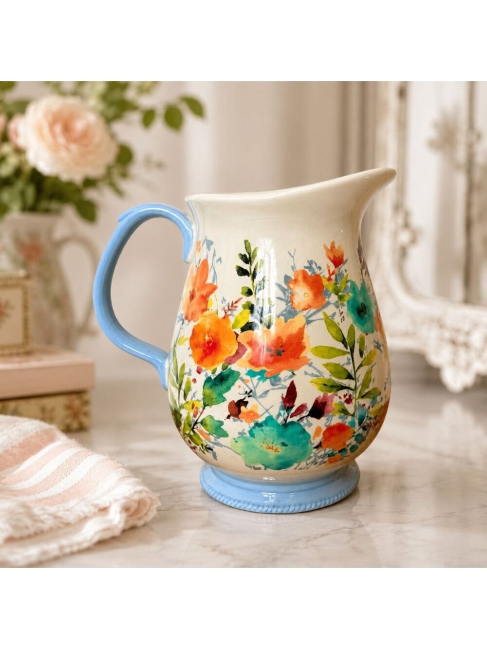 Pioneer Woman Willow Pitcher Floral Stoneware Serving Quart Farmhouse Vase Decor